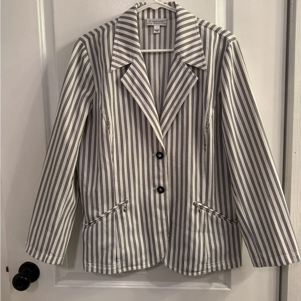 St. John Sport White Black Seersucker Striped Blazer Large